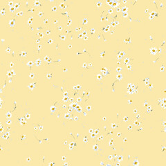 White cute camomiles on a yellow background. Digital art. Handwork flowers draw. Floral print. Seamless pattern for design.