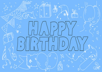 Doodle word Happy Birthday typography. Drawn minimal lines. Simple greeting holiday, retro phrase for expressing congratulation.