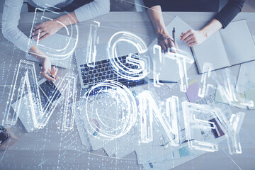 Double exposure of woman hands working on computer and blockchain theme hologram drawing. Top View. bitcoin cryptocurrency concept.