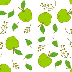 Hand-drawn doodle seamless pattern of apples and leaves isolated on a white background