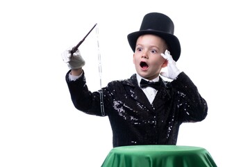 Magician kid illusionist boy in hat. illusion fantasy isolated white background