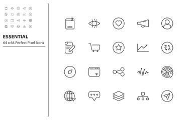set of essential line icons, multimedia, app