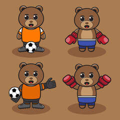 Cute Character Cartoon of Bear Boxing and Football set. Good for icon, logo, label, sticker, clipart.