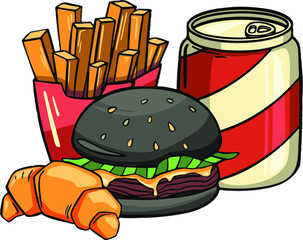 T-shirt or poster design with illustration of isolated fast food set. Vector illustration