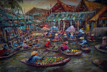 Art Oil painting Fine art Thailand Countryside Hut , Floating market