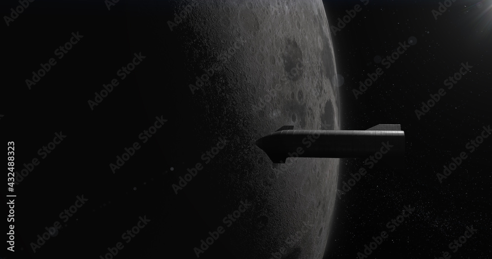 Wall mural reusable spaceship rocket approaching moon, space colonization concept. realistic 3d rendering