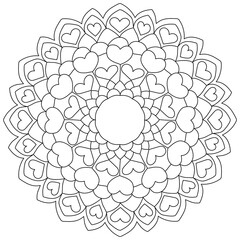 Contour mandala with hearts, simple valentine's day coloring page