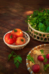 Vietnamese food vintage style vegetable tomato in bamboo basket