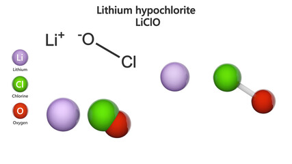 Lithium hypochlorite (Molecular formula LiClO or ClLiO). 3D illustration. Chemical structure model: Ball and Stick + Space-Filling. White background.