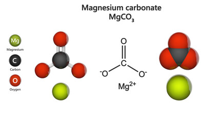 Magnesium carbonate, MgCO3 (magnesia alba), is an inorganic salt. 3D illustration. Chemical structure model: Ball and Stick + Space-Filling. White background.