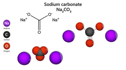 Sodium carbonate, formula: Na2CO3 or CNa2O3. Other names: Soda ash, washing soda, soda crystals. 3D illustration. Chemical structure model: Ball and Stick + Space-Filling. White background.