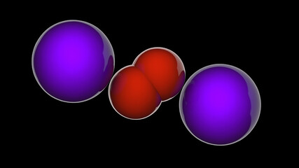 Sodium peroxide, formula Na2O2. Other names: Disodium dioxide, Flocool, Solozone. 3D illustration. Chemical structure model: Space-Filling. Isolated on black background.