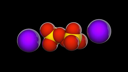 Sodium persulfate (Sodium peroxodisulfate), Na2S2O8. It is a white solid that dissolves in water. 3D illustration. Chemical structure model: Space-Filling. Isolated on black background.