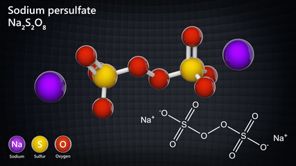 Sodium persulfate (Sodium peroxodisulfate), Na2S2O8. It is a white solid that dissolves in water. 3D illustration. Chemical structure model: Ball and Stick.