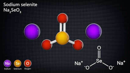 Sodium selenite is the inorganic compound with the formula Na2SeO3. 3D illustration. Chemical structure model: Ball and Stick.