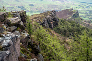 Panoramic view from The Roaches at sunrise in the Peak District National Park.