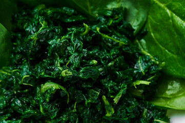 spinach (fresh and freeze spinach) blanch. macro photo. Close up