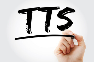 TTS - Text to Speech acronym with marker, technology concept background.