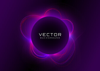 Futuristic background with vivid neon blue pink light with flares and particles behind the black circle. Eclipse concept. Design of banner, poster for cybersport, and advertising. Vector