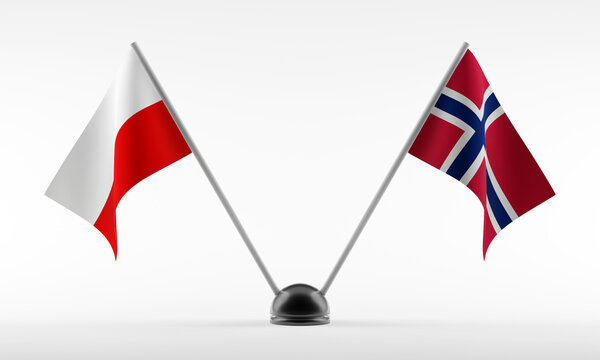 Stand with two national flags. Flags of Poland and Norway. Isolated on a white background. 3d rendering