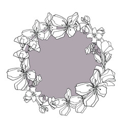 Round frame with buds of sakura, apple-cherry tree. Medicinal herbs, rapeseed. Beautiful hand-drawn graphics, coloring book for children. For textile, design, paper, banner. Stock graphics, isolate on - 432492525