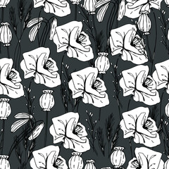 Summer pattern with wildflowers, dried flowers. Poppy, poppy box, medicinal herbs, spikelet. Beautiful hand-drawn graphics. For textile, wallpaper, design, paper, banner. Stock graphics, isolate.  - 432492707