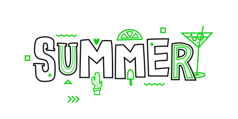 Vector illustration Hand drawn lettering composition of Summer with doodle elements. Handwritten calligraphy design