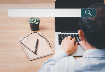 Data search engine optimization browser  webpage technology internet networking business concept, Search browsing internet connecting worldwide gray background, hand touching search bar business.