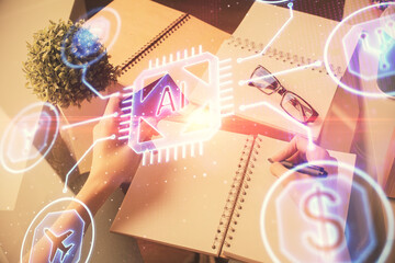Double exposure of woman on-line shopping holding a credit card and data theme hologram drawing. E-commerce concept.