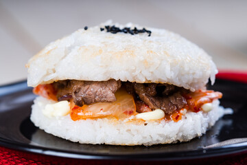 delicious gourmet yakiniku kimchi burger