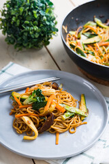 delicious hot yakisoba or Japanese fried noodles