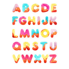 Colorful watercolor font in the form of donuts handwritten hand draw alphabet letters ABC hand drawn isolated on white background for poster, logo, magnets, mugs, cards and congratulations