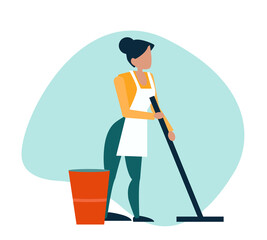 Vector of a young woman cleaning mopping floor.
