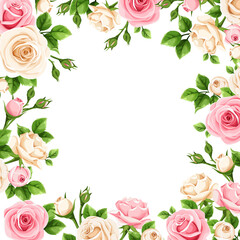 Vector background frame with pink and white rose flowers.