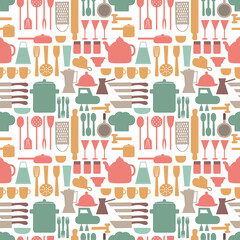 Postcard with kitchen utensils for cooking. Fabric or wallpaper.