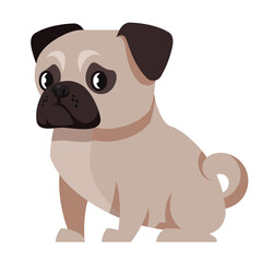 Sitting Pug side view. Cute pet in cartoon style.