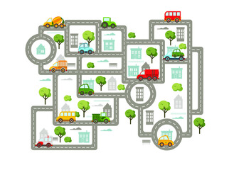 Baby City map with roads, transport, trees and houses. Flat vector illustration.