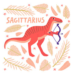 Hand drawn Sagittarius dinosaur zodiac sign isolated on white background. Cartoon jurassic reptile with bow and arrow. Childish animal, horoscope funny vector illustration. Modern kids t shirt print