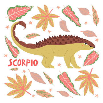 Cartoon Scorpio dinosaur zodiac sign isolated on white background. Hand drawn jurassic reptile with scorpion tail stinger. Kids animal, horoscope funny vector illustration. Childish t shirt print
