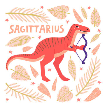 Hand drawn Sagittarius dinosaur zodiac sign isolated on white background. Cartoon jurassic reptile with bow and arrow. Childish animal, horoscope funny vector illustration. Modern kids t shirt print