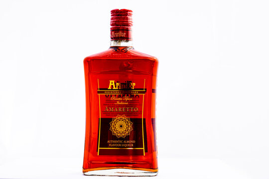 Bottle of Armilar amaretto isolated on white. Illustrative editorial photo shot in Bucharest, Romania, 2021