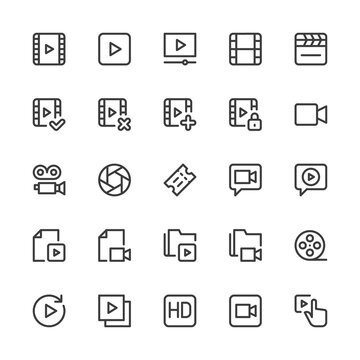 Simple Interface Icons Related to Video. Video Tape, Cinema, Movie, Film. Editable Stroke. 32x32 Pixel Perfect.