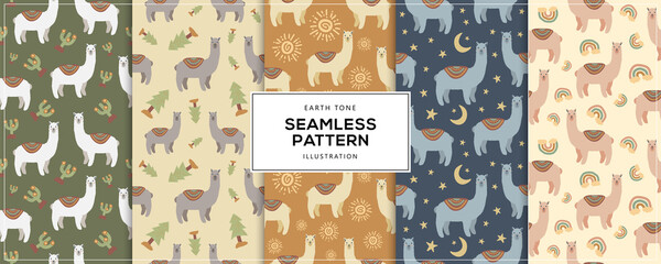 Earth Tone Illustration of Llama Alpaca Seamless Pattern
