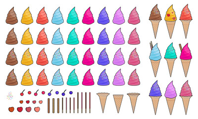 ビビッドカラーなソフトクリームセット ベクターイラスト 線あり