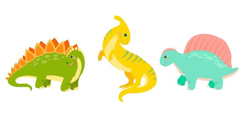 Set of cute dinosaurs in cartoon style. Bright childish drawing with animals. Vector illustration isolated on white background.