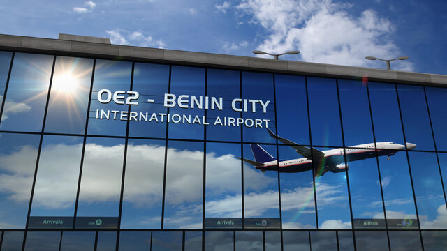 Plane landing in OE2 Benin Nigeria airport with signboard