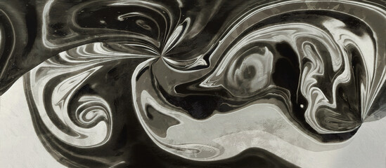 Abstract black and white liquid. Fractal patterns. Wide panoramic view