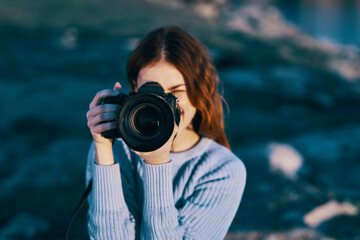 woman outdoors and professional camera rocky mountains landscape fresh air