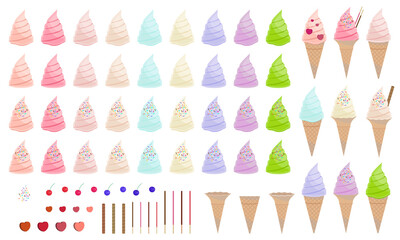 パステルカラーなソフトクリームセット ベクターイラスト  線なし