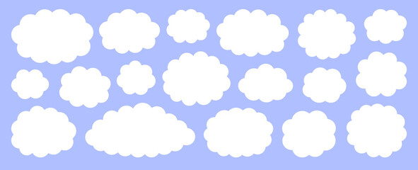 White flat vector cloud set. Clouds cartoon symbols on blue background with shadow for web site design, logo, app. Bubble icon collection for infographic design. Label and stickers